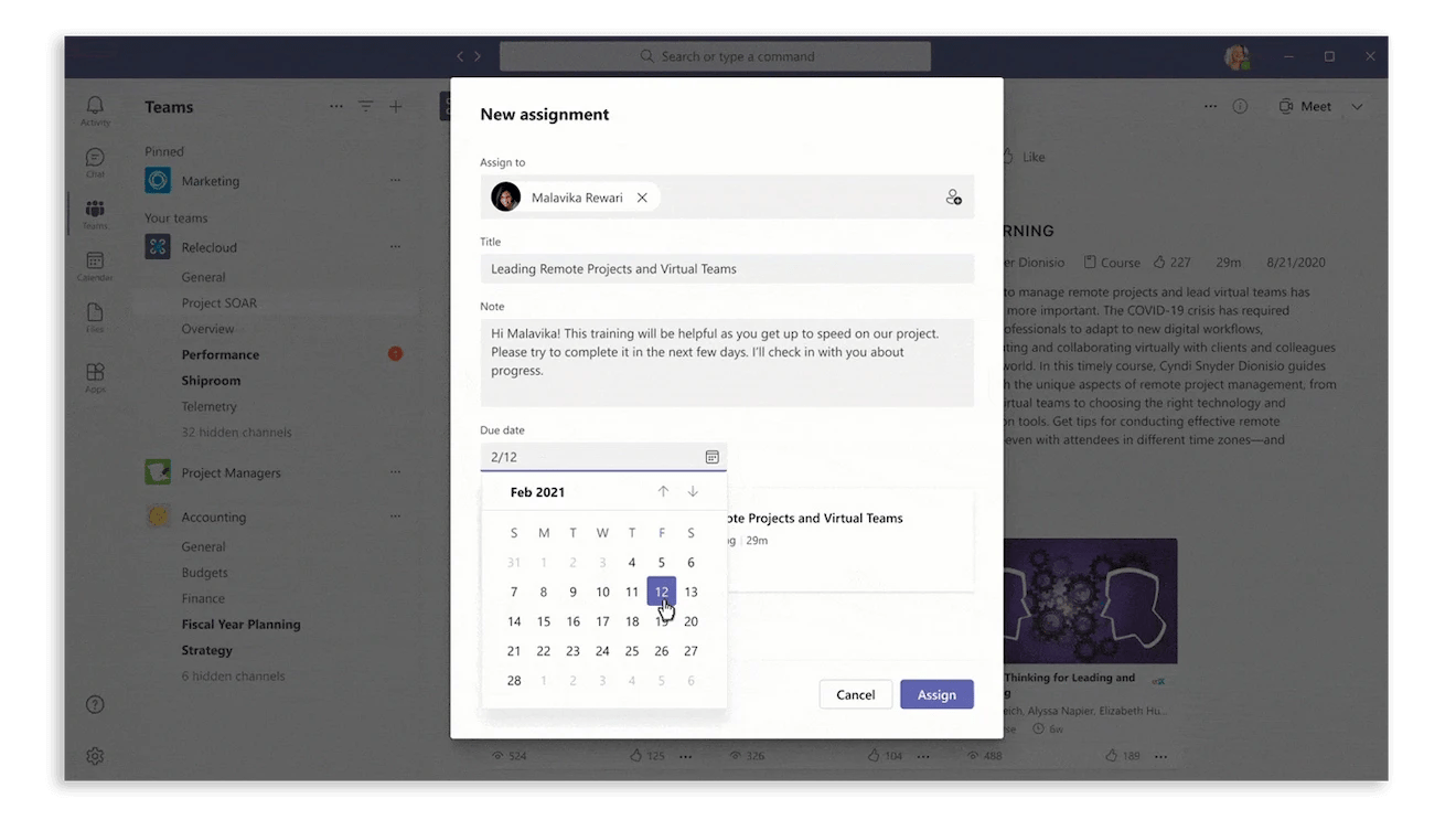 Assign learning content without leaving Microsoft Teams in Viva Learning