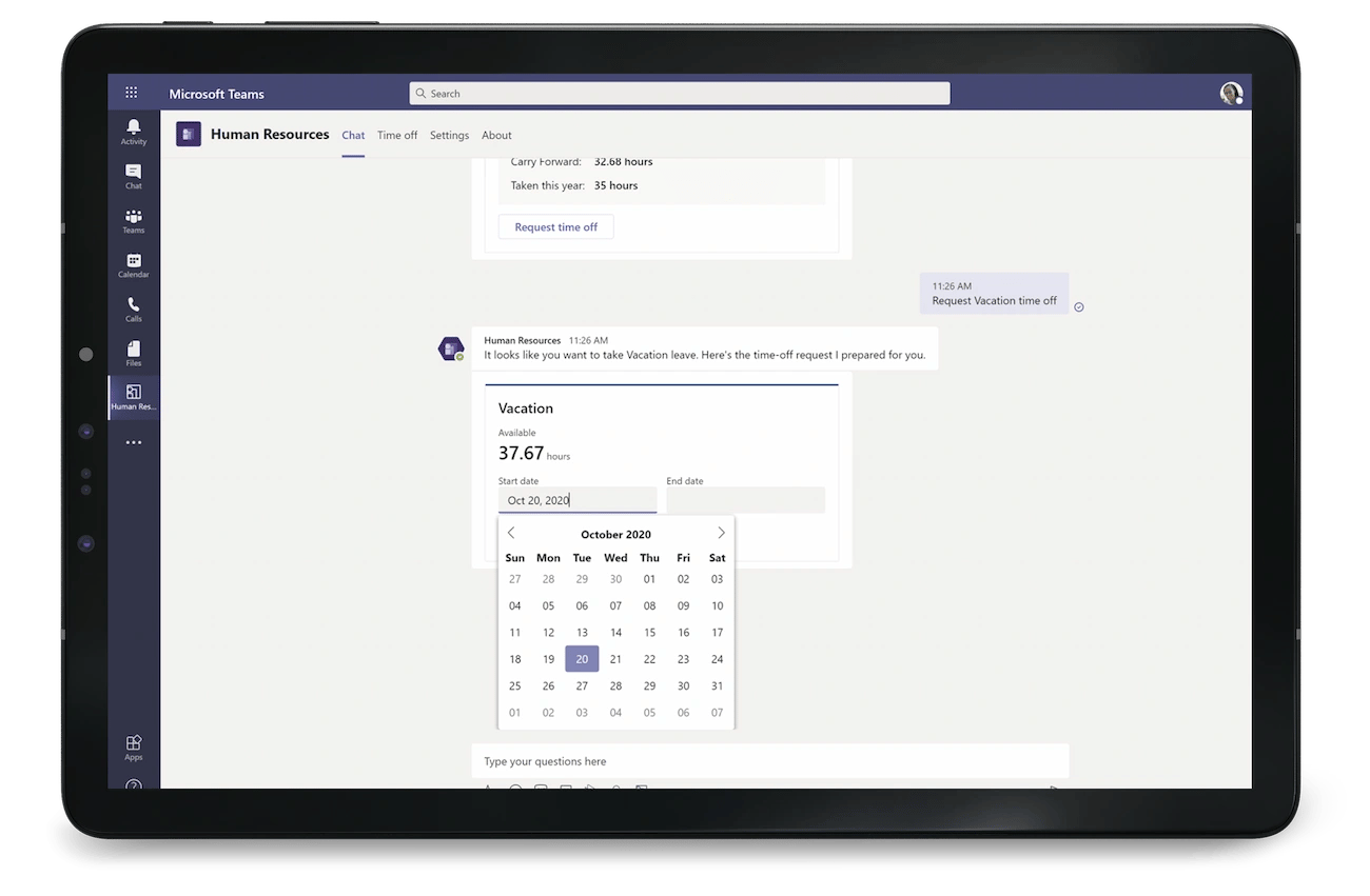 Time-off balances and submit leave requests through Microsoft Teams