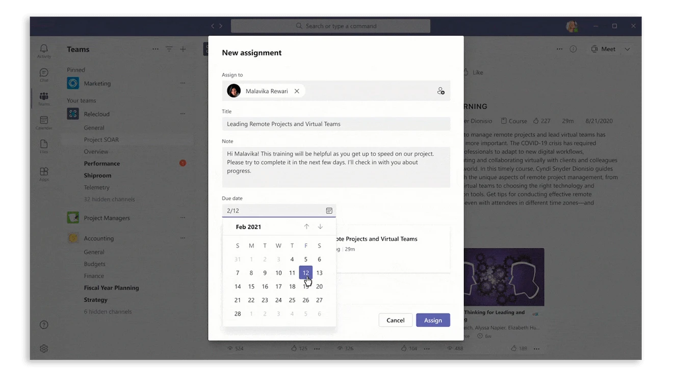 Assign learning content without leaving Microsoft Teams in Viva Learning